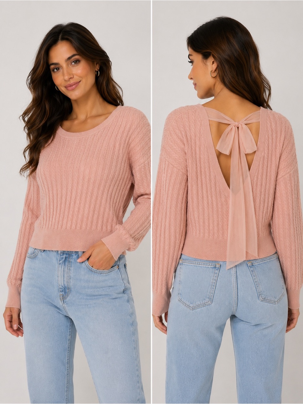 Willow + Root Blush Pink Cable Knit Open Back Bow Sweater | Size M